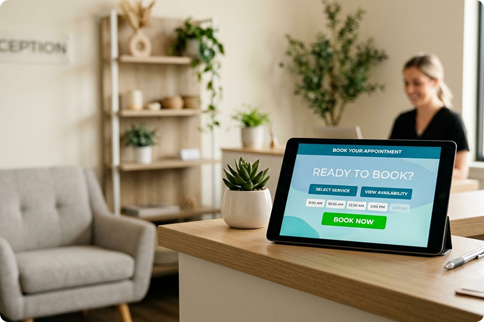 NexSlot salon booking software on a tablet at a beauty salon reception with online appointment scheduling